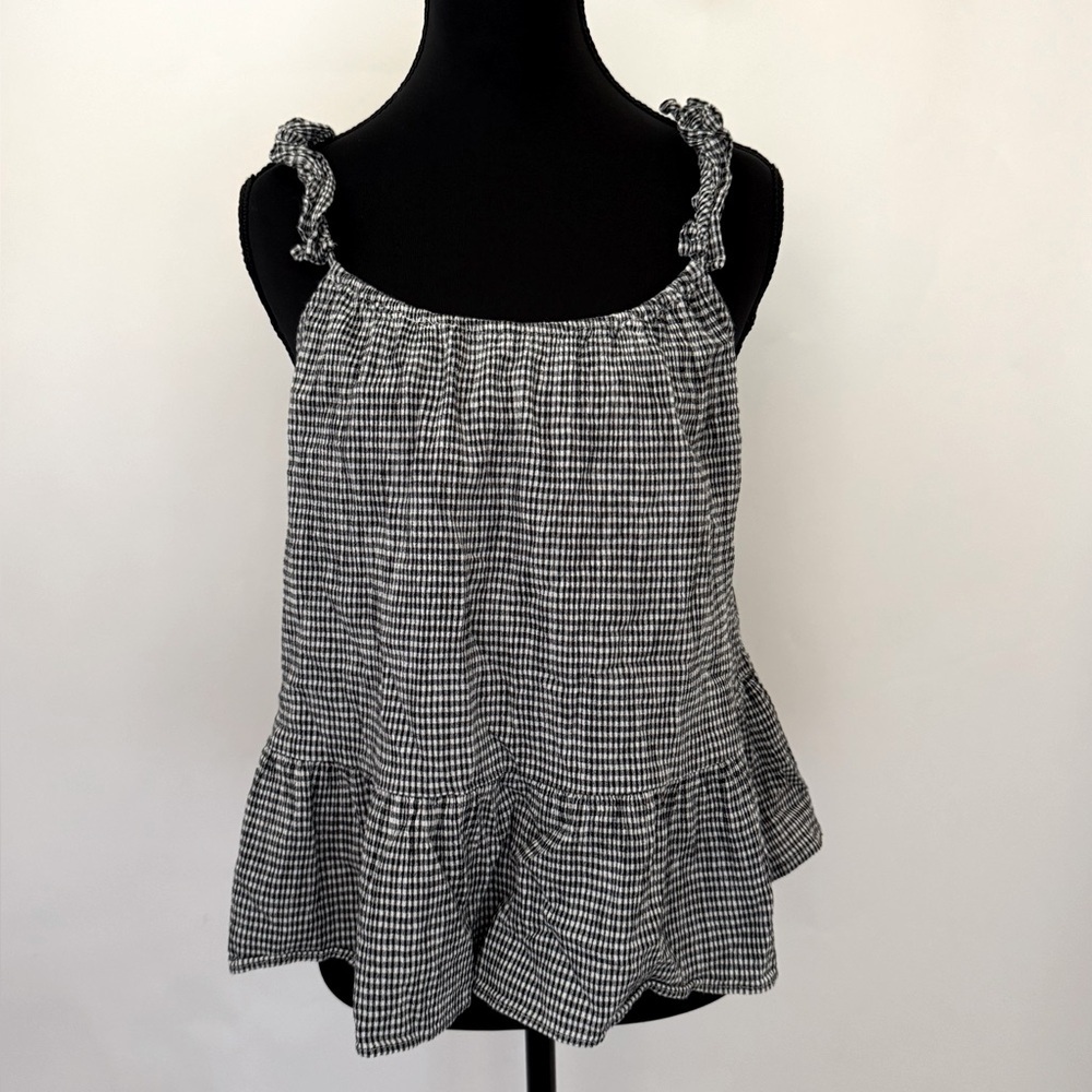 Madewell Ruffle Strap Cami Tank Top, Gingham Plaid‎ Black/White, Size 6 - Picture 4 of 13